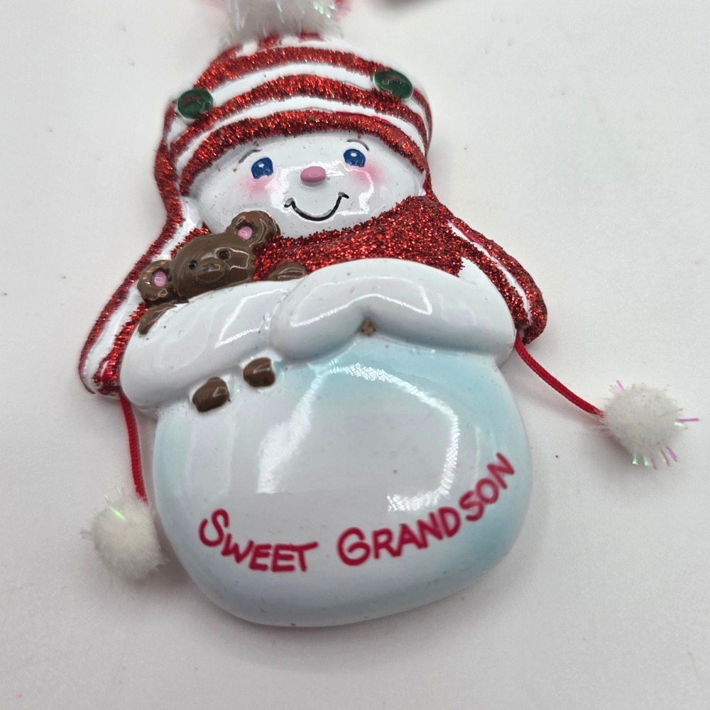 Holly Adler Snowman Sweet Grandson Ornament Red White Glitter Resin New Tag - Picture 3 of 4